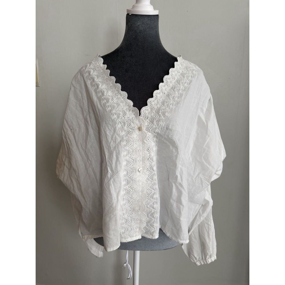 MNG White Lace Dainty Milkmaid Country Cottage Button Up‎ Blouse Top, LG French